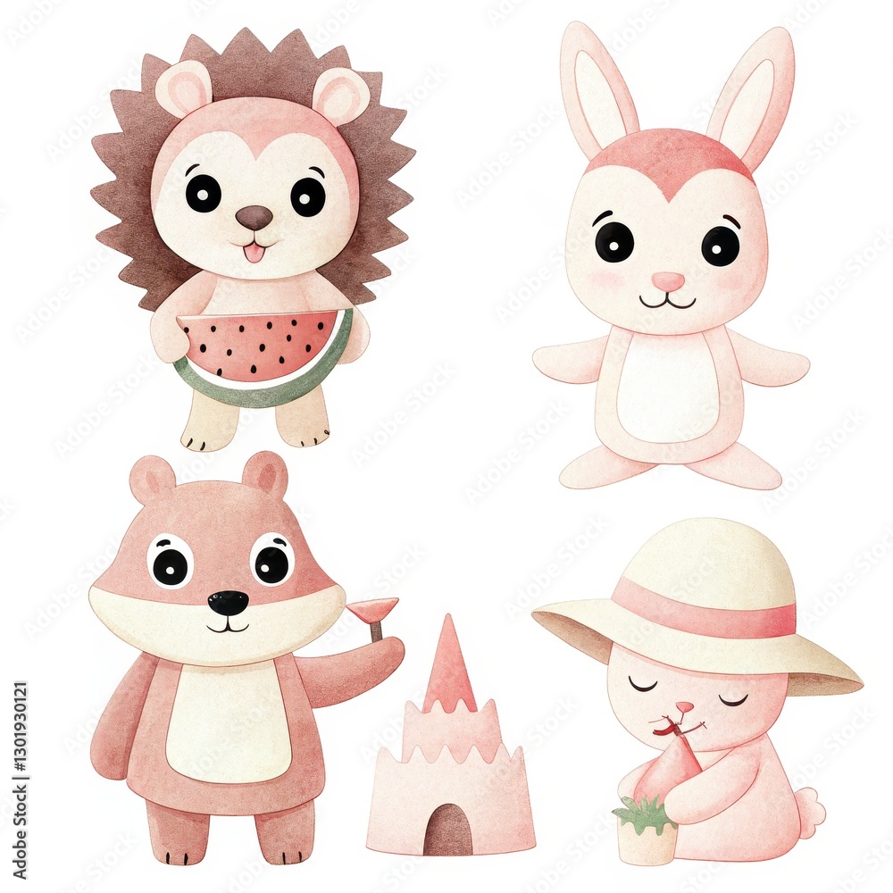 Fototapeta premium tropical summer animal clipart concept Cute cartoon animals in pastel colors enjoying summer activities on a playful background.
