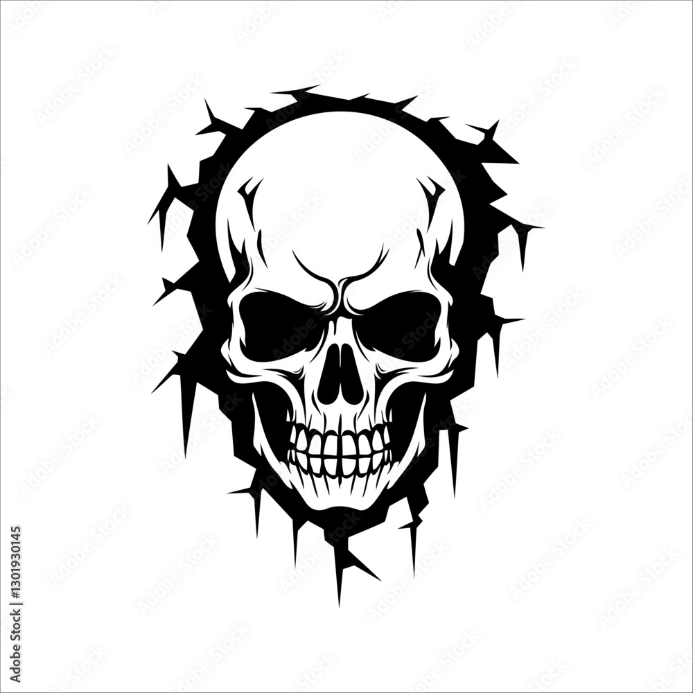 Fototapeta premium Illustration of a skull in the wall. Skeleton breaking through wall. Human skull through the hole. Halloween decor.