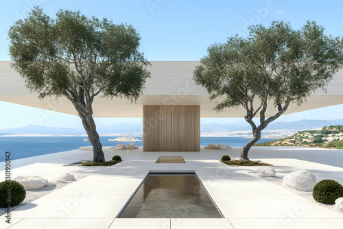 3D Illustration Modern Villa, Ocean View, Trees, Architecture, Design, Luxury, Patio, Minimalist, Pool, Landscape