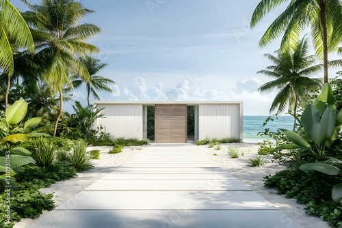3D Illustration Tropical Beach House  Ocean View  Palm Trees  White Pathway  and Lush Vegetation