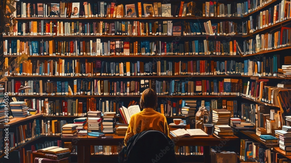 Woman reading in a large library surrounded by bookshelves. Woman reading in a large library surrounded by bookshelves.