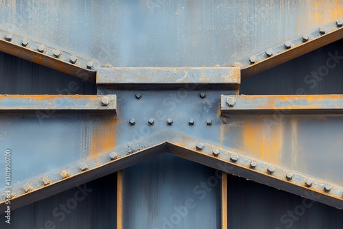 Weathered industrial metal structure with rusty bolts and crossbeam
