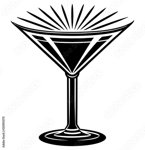 A stylized martini glass illustration in black and white, featuring radiating lines above the glass and a geometric design.