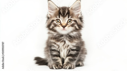 Playful gray tabby kitten gazes curiously with tilted head against pristine white backdrop, capturing innocence and charm