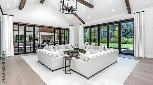 Photo - Modern White Living Room Interior Design with Vaulted Ceiling and Outdoor View