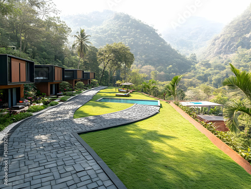 Photo Modern Resort, Lush Tropical Landscape, Serene Pool, Tranquil Getaway