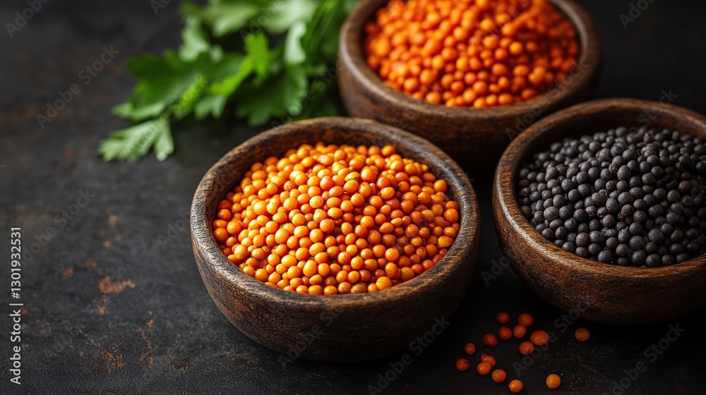 Colorful lentils in wooden bowls on dark background with parsley Colorful lentils in wooden bowls on dark background with parsley
