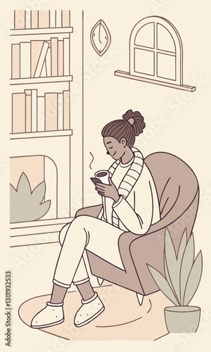 A cozy, minimalist illustration of a woman relaxing in an armchair by a fireplace, holding a mug and her phone. The scene includes a bookshelf, a window, and a potted plant, all rendered in muted tone