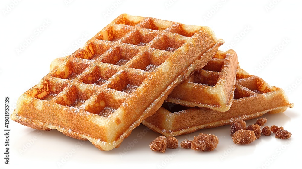 Stack of Belgian waffles with powdered sugar and crumble topping on white background Stack of Belgian waffles with powdered sugar and crumble topping on white background