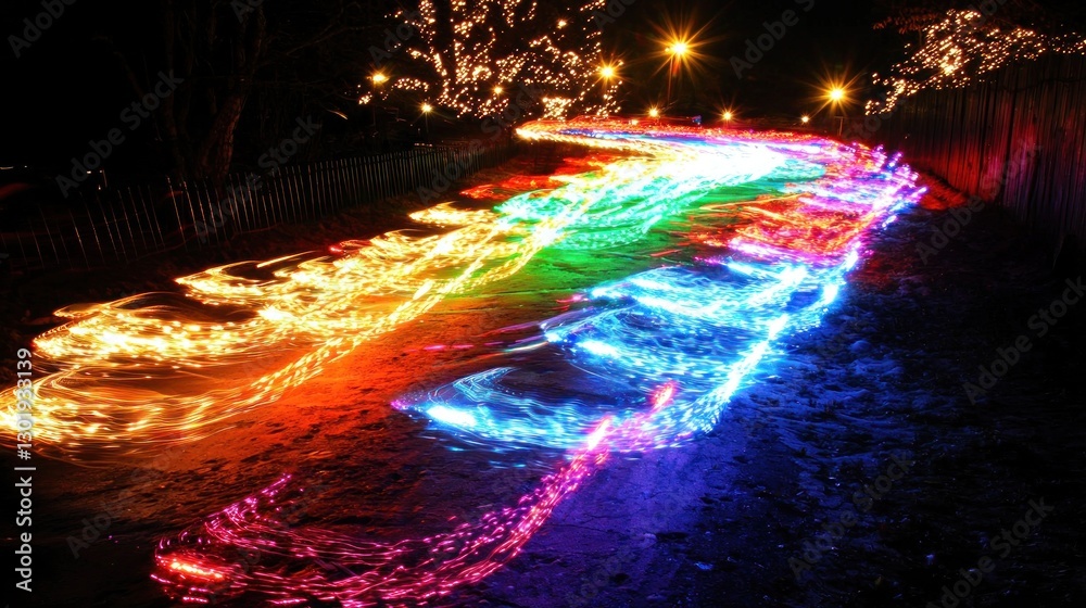 Fototapeta premium Colorful light trails on snowy path at night.