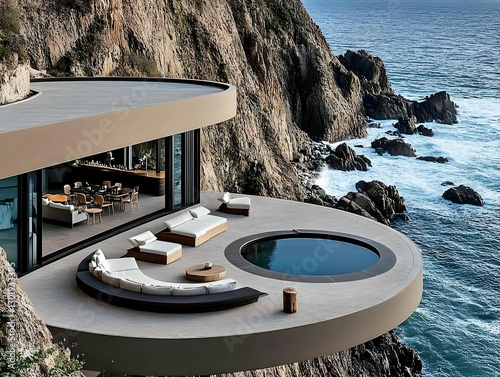 3D Illustration - Cliffside Luxury Home Ocean View Resort Pool Relaxation