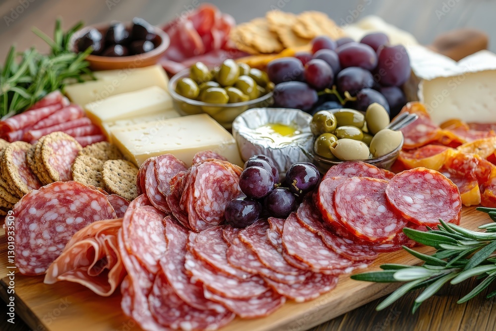 A rustic wooden board artfully arranged with an assortment of succulent meats and aged cheeses, set atop a textured wooden surface A rustic wooden board artfully arranged with an assortment of succulent meats and aged cheeses, set atop a textured wooden surface