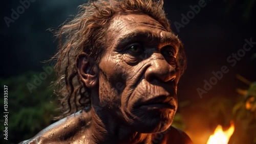 hyper realistic recreation close-up side profile Archaic homo species man with a burning fire background