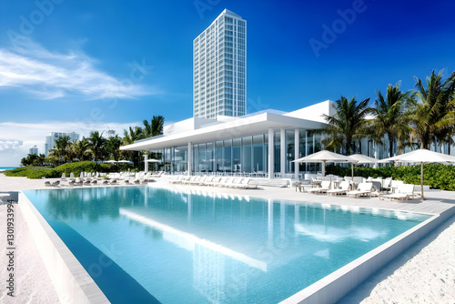Luxury Beach Resort Illustration - Pool, Ocean, Sky, Palm Trees, Architecture