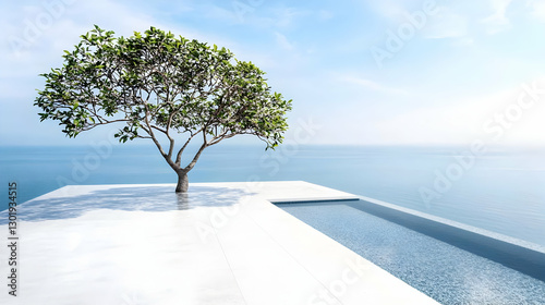 3D Illustration - Serene Ocean View with Infinity Pool and Tree