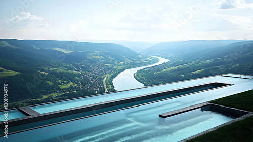 3D Illustration - Infinity Pool Overlooking Valley River Landscape