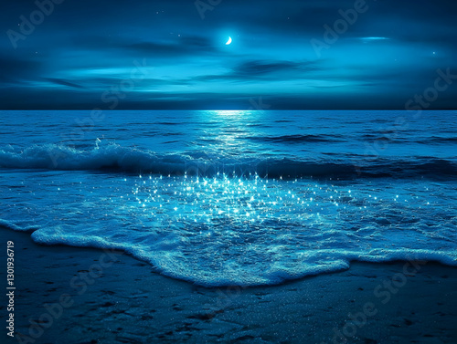 Illustration of Moonlit Ocean Waves, Beach, Night Sky