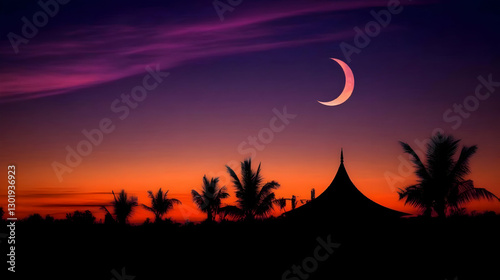 Photo - Crescent Moon Over Tropical Paradise at Sunset