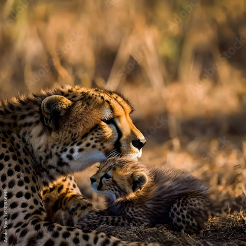 Photo Cheetah Mother and Cu...