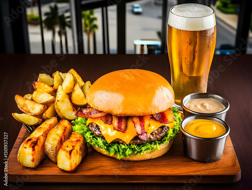 Photo Hamburger, Beer, Fren...