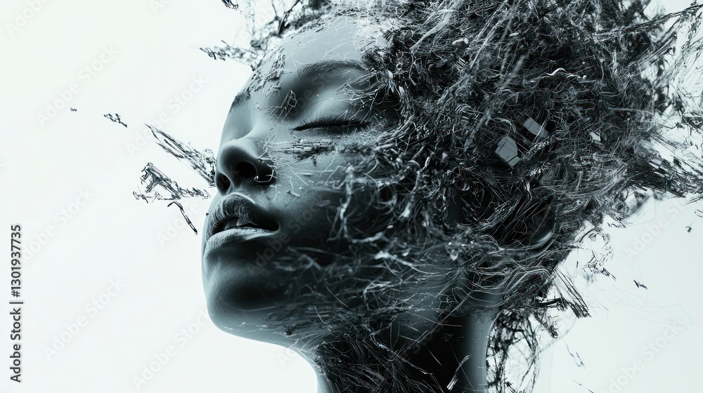 Serene woman's face engulfed in abstract, dark, flowing tendrils against a white background. Serene woman's face engulfed in abstract, dark, flowing tendrils against a white background.