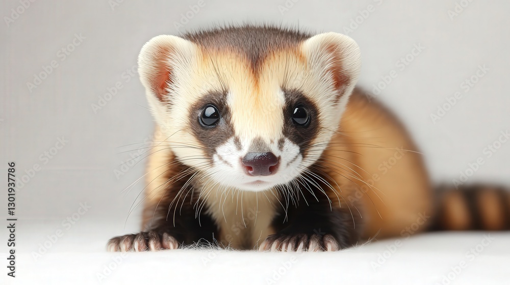 A captivating portrait of a ferret, its head turned elegantly to the left. Light brown fur with striking dark stripes adorns its body, creating a charming contrast against the background A captivating portrait of a ferret, its head turned elegantly to the left. Light brown fur with striking dark stripes adorns its body, creating a charming contrast against the background