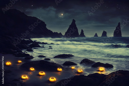 Illustration - Mystical Night Beach, Ocean, Moon, Stars, Lights, Rocks, Cliffs, Coast
