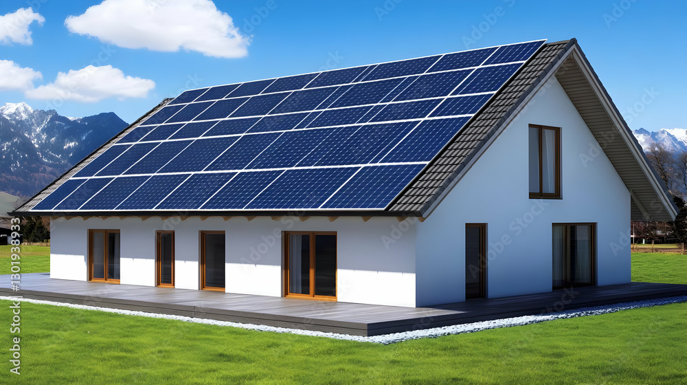 Fototapeta premium 3D Illustration Modern House Solar Panels Roof Green Grass Mountains Sky Clouds