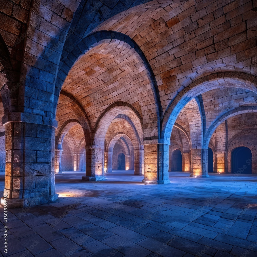 Fototapeta premium Majestic Stone Archways in an Ancient Vaulted Room with Dim Lighting and Mysterious Atmosphere