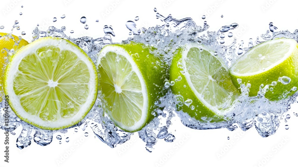 Fresh lime slices splash into clear water, creating a refreshing and vibrant scene that captures the essence of summer. Fresh lime slices splash into clear water, creating a refreshing and vibrant scene that captures the essence of summer.