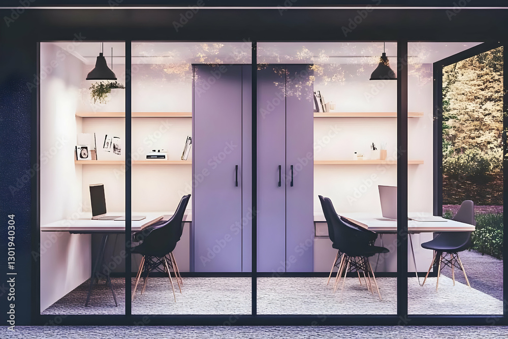 Illustration - Modern Office Interior Design with Desk, Chairs, and Cabinets