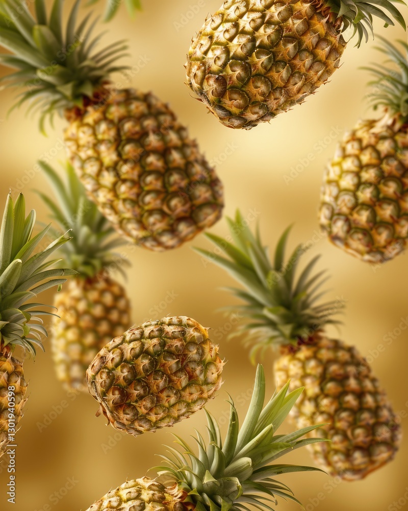 Fresh Pineapples Floating in Air with Golden Background for Tropical and Exotic Themes Fresh Pineapples Floating in Air with Golden Background for Tropical and Exotic Themes