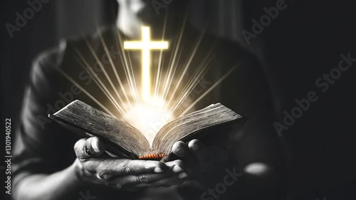 Church pray Jesus christian on black white concept with holy book and The cross is glowing golden.