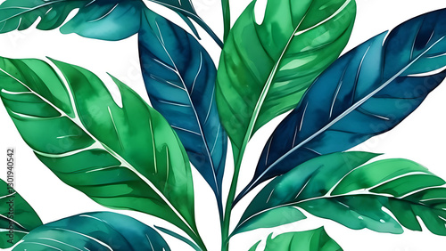 Watercolor Painting of Tropical Leaves in Green and Blue Hues