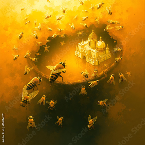 a dazzling 3d render of a radiant golden city nestled within a sprawling honeycomb, where thousands of tiny workers busily live and work within intricately detailed, symmetrical hexagonal chambers, so