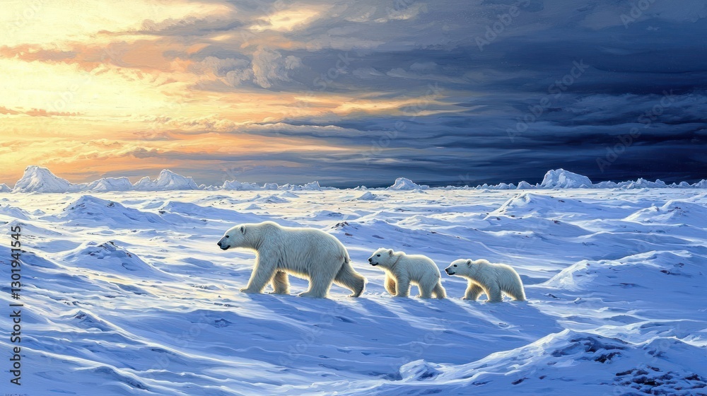 Naklejka premium Polar bear family walking on snowy arctic landscape at sunset. (1)