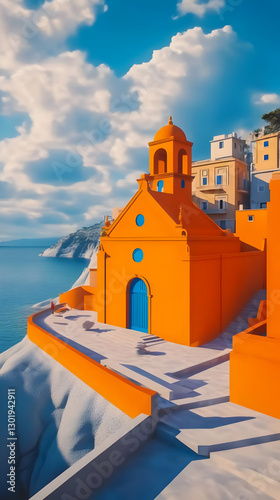 Illustration Orange Church Seaside Village Cloudy Sky