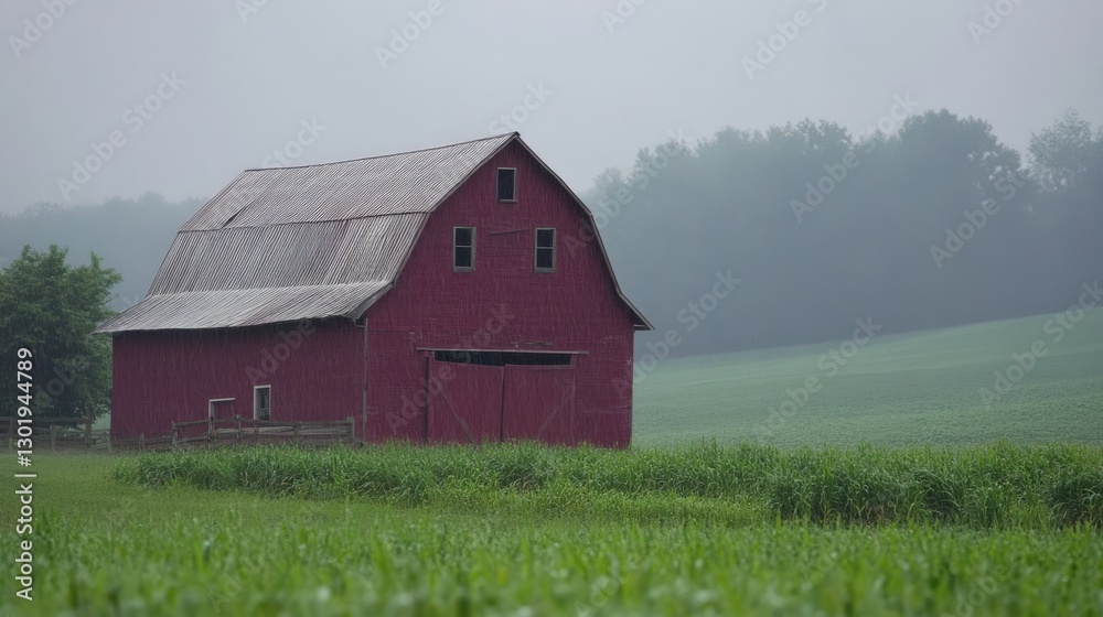 Pastel Barn in Rainy Field with Moisture Effects Pastel Barn in Rainy Field with Moisture Effects