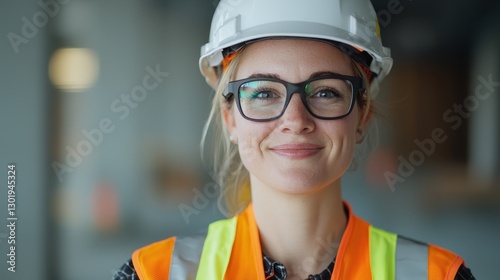 Confident Female Construction Worker in Hard Hat and Safety Vest Smiling at Camera in Bright Workspace
