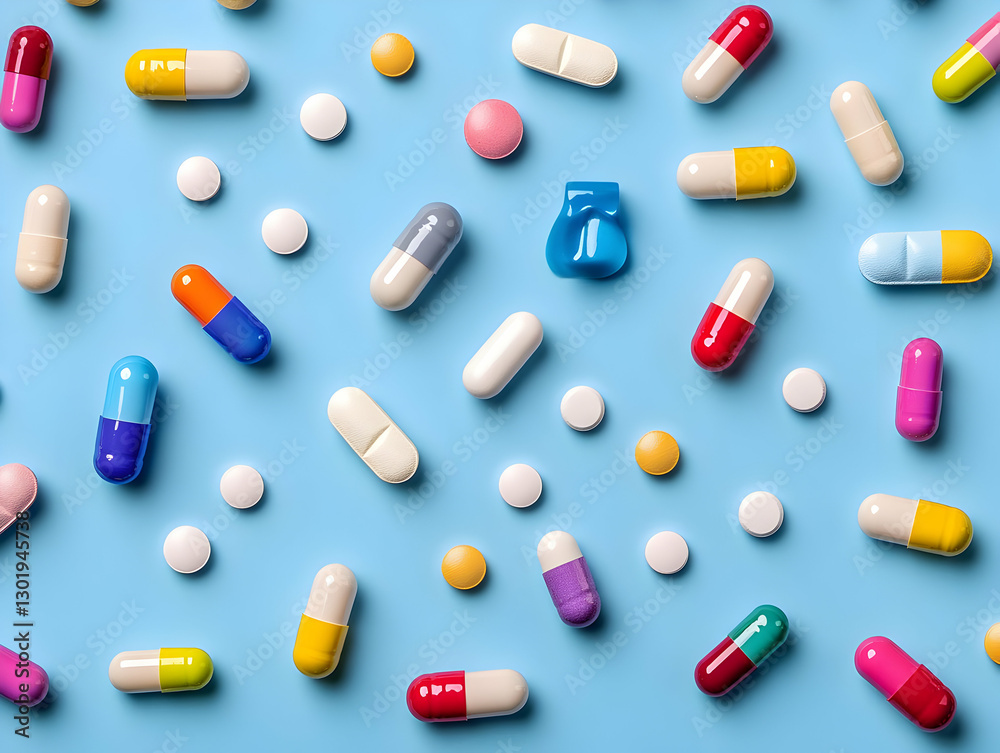 Photo Assorted Pills and Capsules on Blue Background Photo Assorted Pills and Capsules on Blue Background