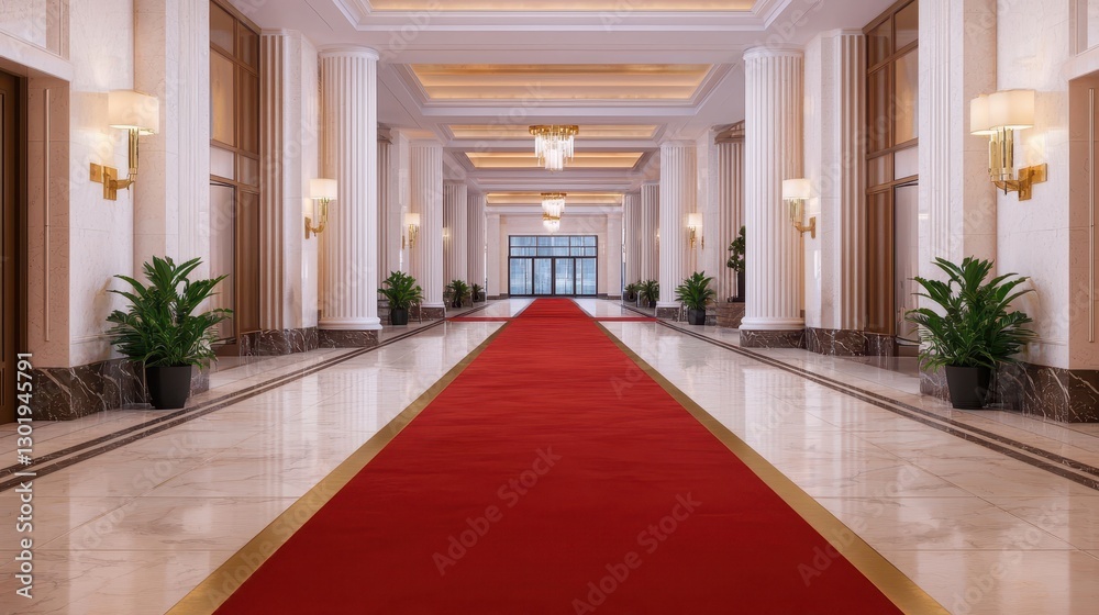 Fototapeta premium Elegant and Luxurious Hallway with Red Carpet and Decorative Columns in Modern Interior Space