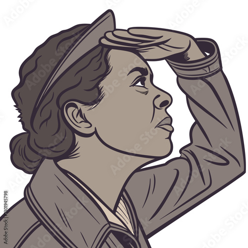 Vintage Woman Looking into Distance Illustration