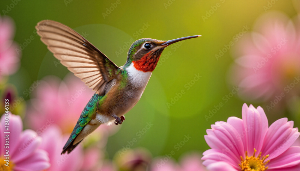 Naklejka premium Hummingbird hovering near pink flowers