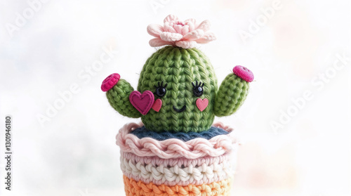 cute handmade crochet cactus with smiling face in colorful pot, soft yarn amigurumi decor