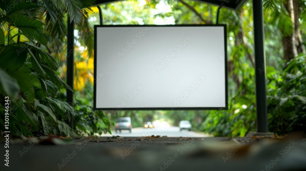 Blank Billboard Poster at Bus Stop Lush Green Foliage Roadside Advertising Mockup Blank Billboard Poster at Bus Stop Lush Green Foliage Roadside Advertising Mockup