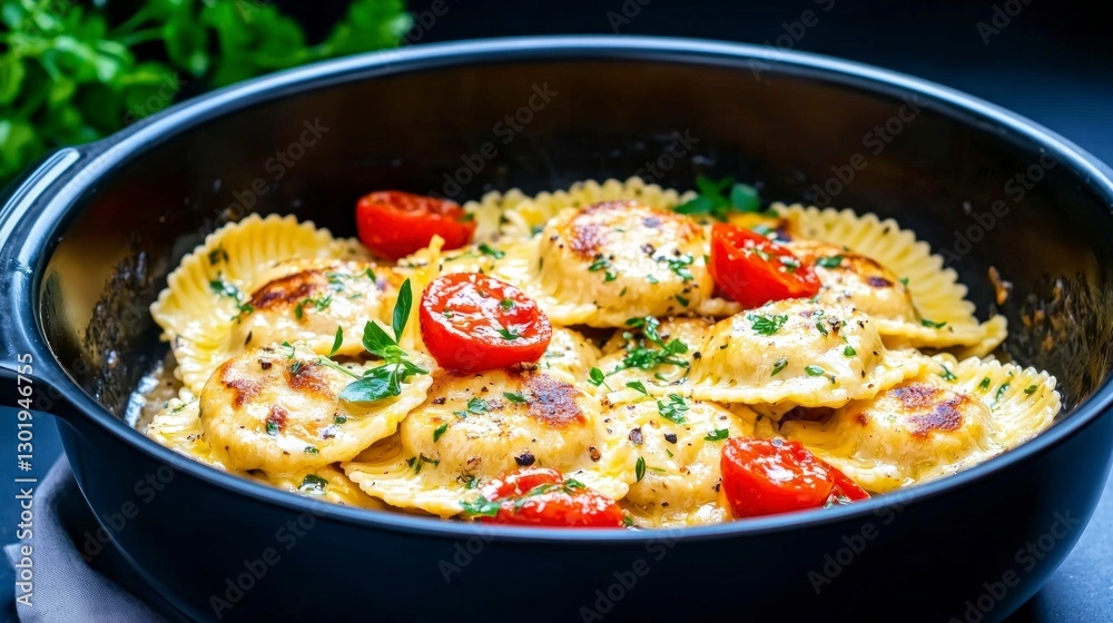 Delicious Homemade Ravioli in Creamy Sauce Close up Delicious Homemade Ravioli in Creamy Sauce Close up