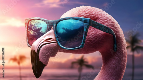 3D Illustration - Cool Flamingo with Sunglasses at Sunset