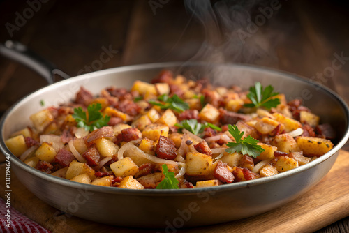 Steaming corned beef hash with crispy potatoes served in black skillet with fresh herbs