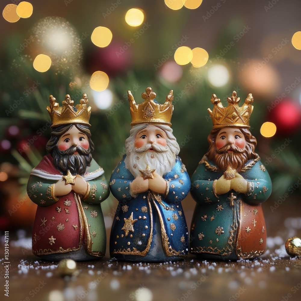 Fototapeta premium Three Wise Men Christmas Figurines with Bokeh Lights
