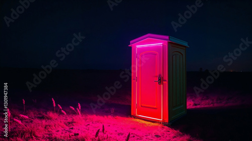 surreal neon-lit portable toilet glowing in a dark field at night, futuristic aesthetic
